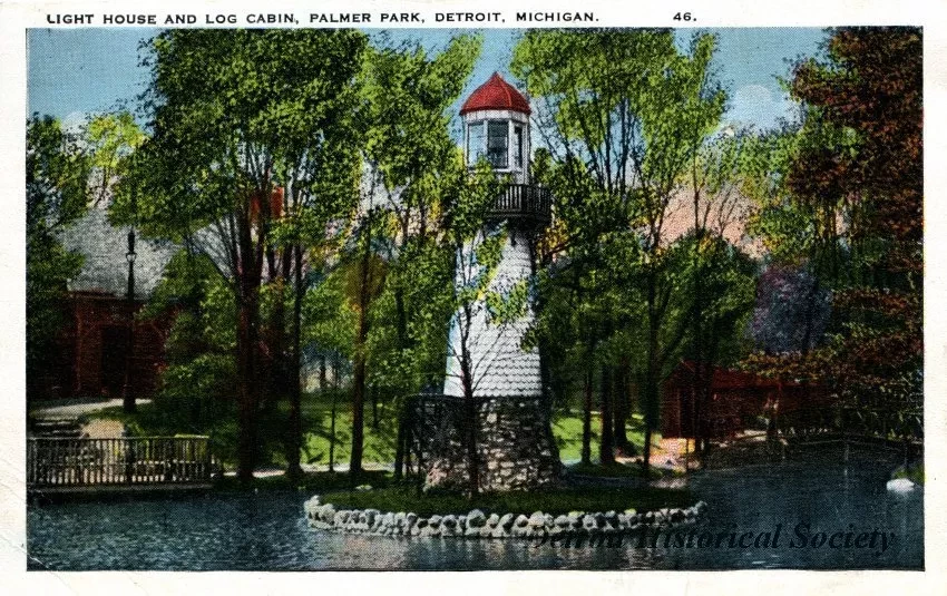 Postcard - Light House and Log Cabin, Palmer Park, Detroit, Michigan