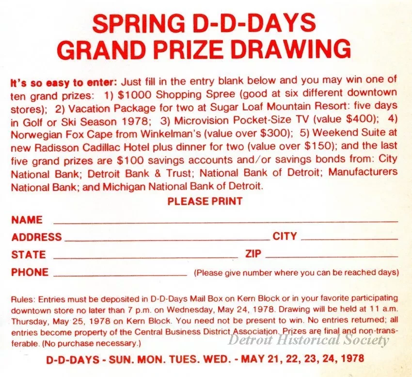 Flyer - Spring D-D [Downtown Detroit] Days Grand Prize Drawing