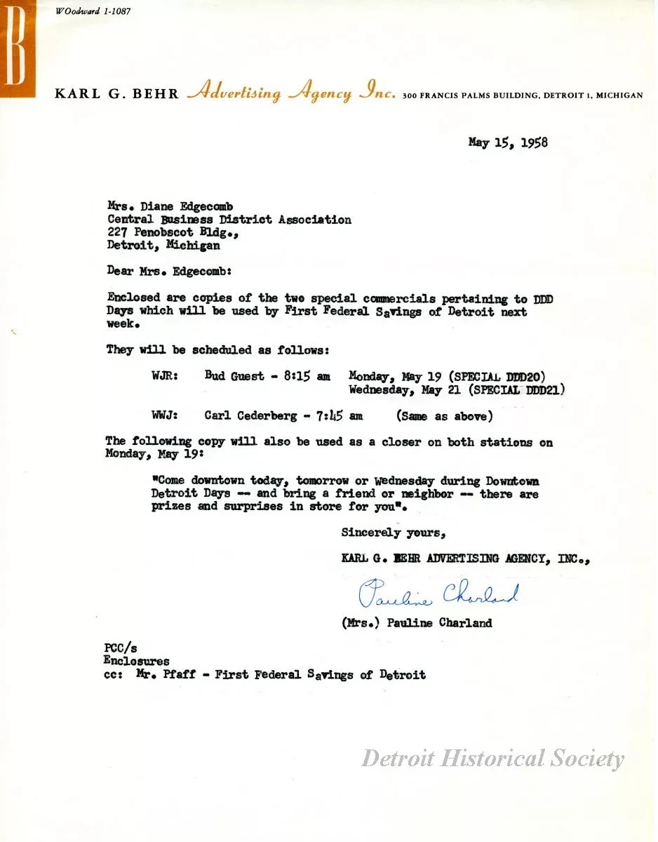 Letter - Karl G. Behr Advertising Agency, Inc.