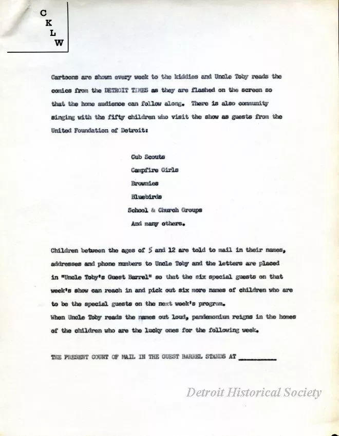 Advertisement - Uncle Toby's Cartoon-Comedy Party