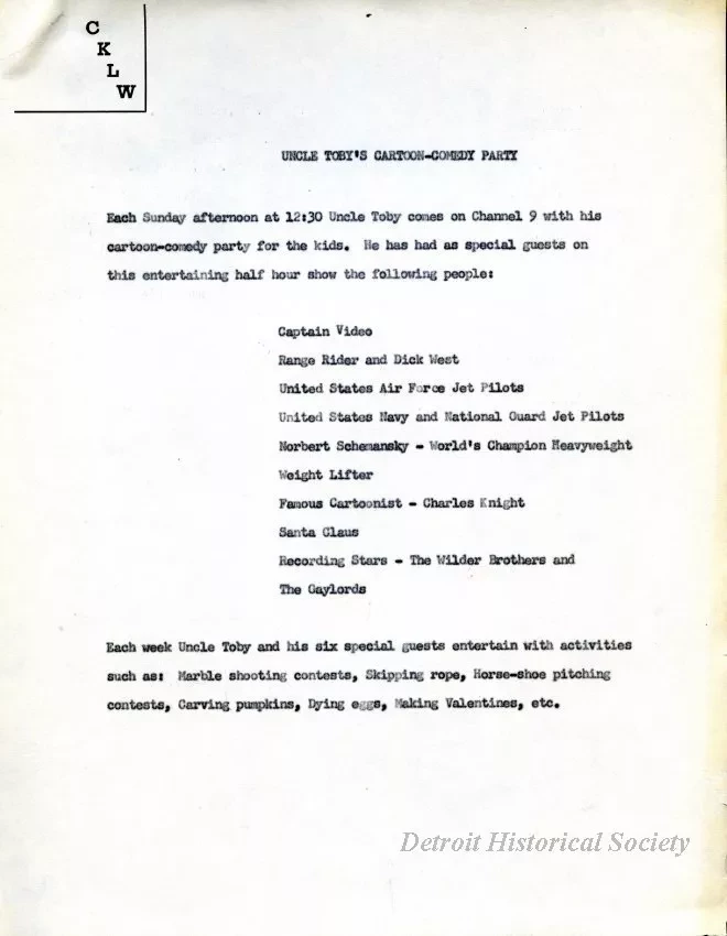 Advertisement - Uncle Toby's Cartoon-Comedy Party