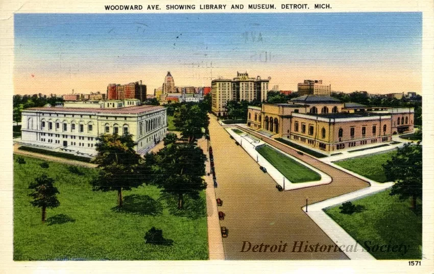 Postcard - Woodward Ave. Showing Library and Museum. Detroit. Mich.