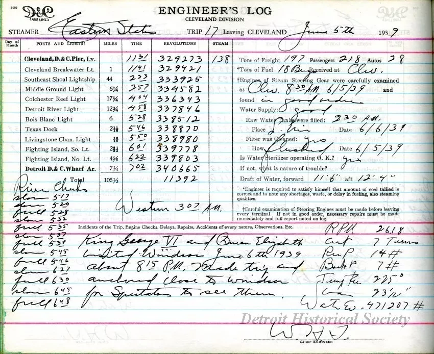 Log, Ship's - Engineer's Log 
Steamer, Eastern States