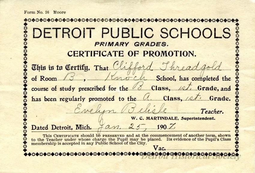 Certificate, Achievement - Detroit Public Schools
Primary Grades
Certificate of Promotion