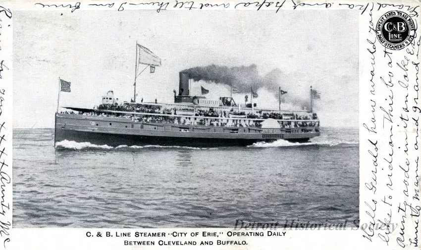 Postcard - C&B Line Steamer "City of Erie," Operating Daily 
Between Cleveland and Buffalo