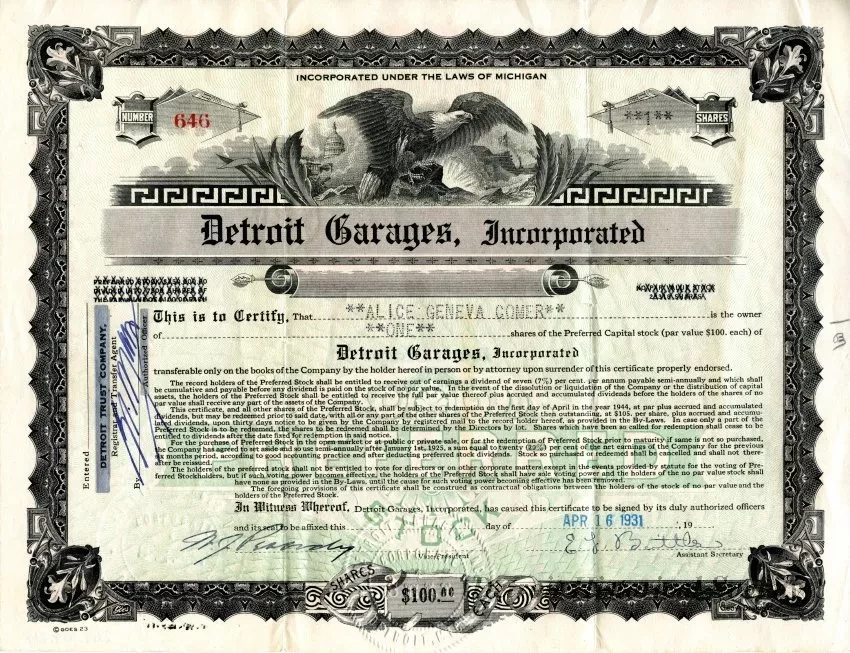 Certificate, Stock - Detroit Garages, Incorporated