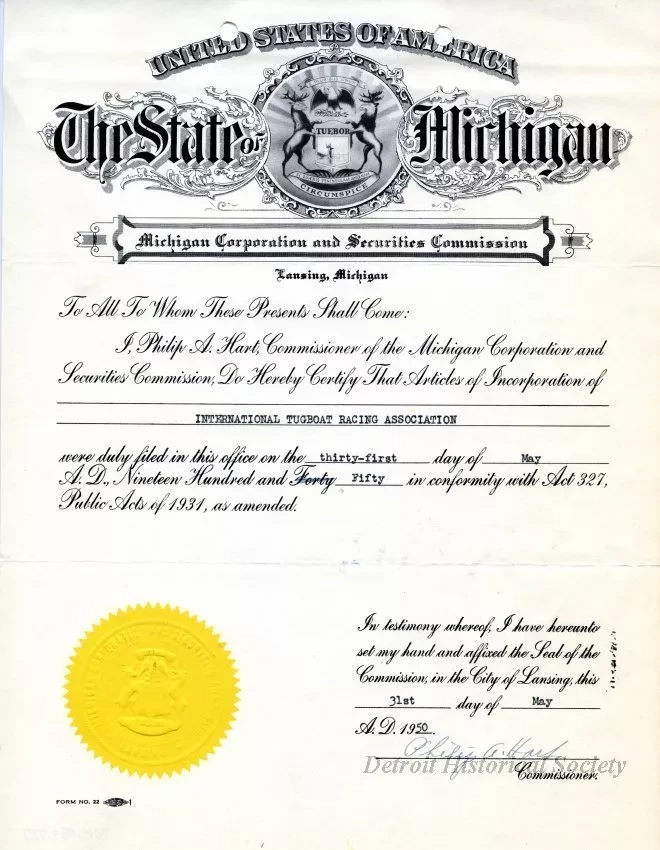 Certificate - The State of Michigan
Michigan Corporation and Securities Commission