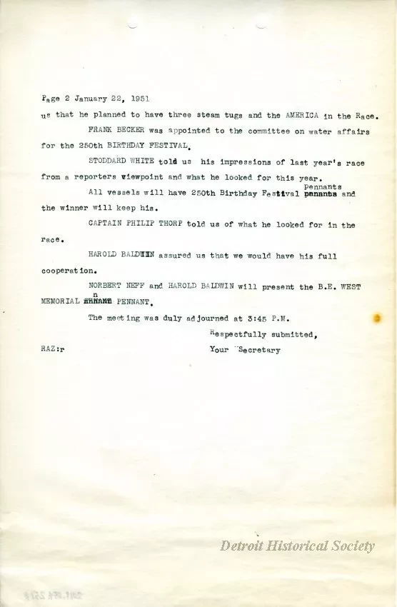 Minutes - Minutes of the Luncheon Held in the Lafayette Room of 
the Hotel Fort Shelby on Monday, January 22, 1951