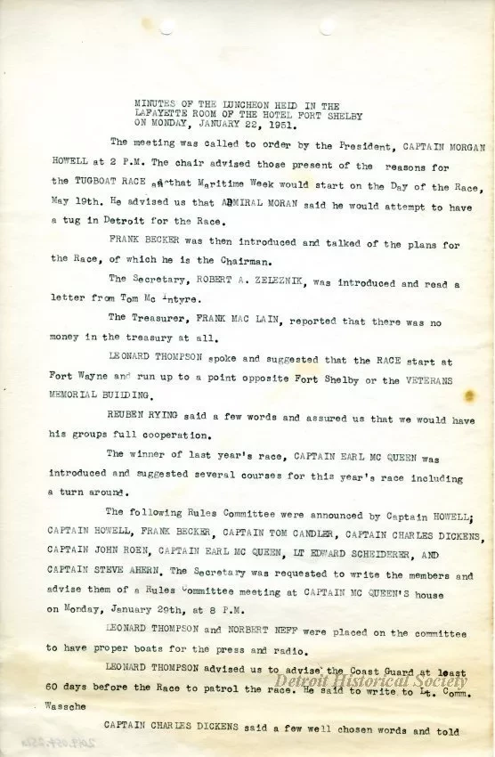 Minutes - Minutes of the Luncheon Held in the Lafayette Room of 
the Hotel Fort Shelby on Monday, January 22, 1951
