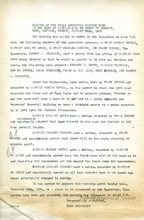 Minutes - Minutes of the Rules Committee Held at the Home of 
Captain Earl McQueen at Amherstburg, Ontario, Monday, January 29, 1951