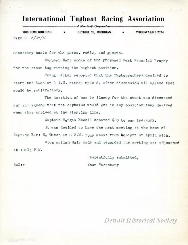 Minutes - Minutes of the Meeting Held at the War Memorial in Grosse Pointe, Tuesday, March 27, 1951