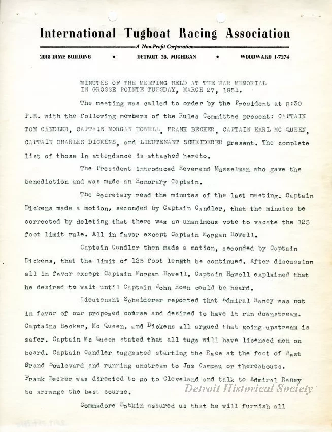 Minutes - Minutes of the Meeting Held at the War Memorial in Grosse Pointe, Tuesday, March 27, 1951