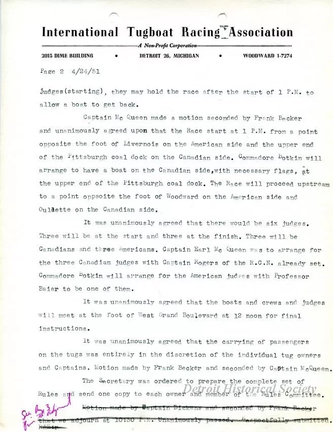 Minutes - Minutes of the Rules Committee Meeting Held on Tuesday, April 24, 1951, at the Home of Captian Earl McQueen in Amherstburg