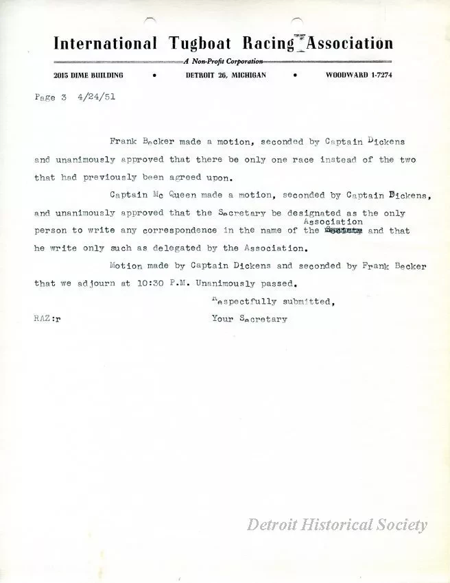 Minutes - Minutes of the Rules Committee Meeting Held on Tuesday, April 24, 1951, at the Home of Captian Earl McQueen in Amherstburg