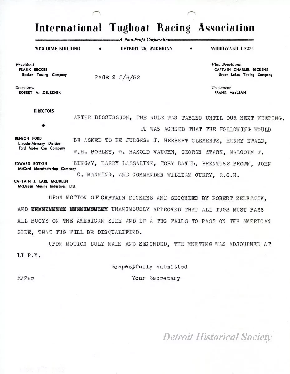 Minutes - Minutes of the Meeting Held at the Bayview Yacht Club, Tuesday, May 6, 1952