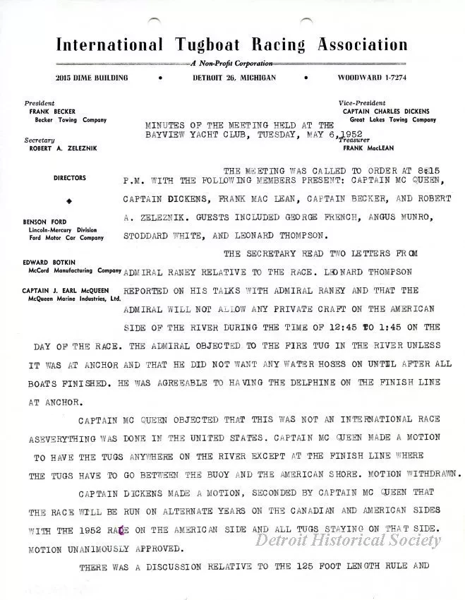 Minutes - Minutes of the Meeting Held at the Bayview Yacht Club, Tuesday, May 6, 1952