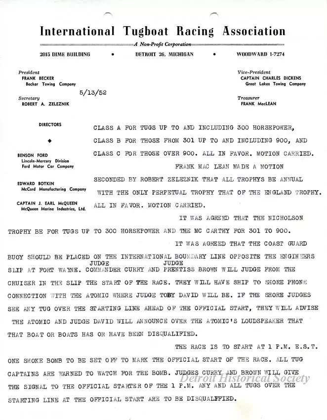 Minutes - Minutes of Meeting Held at the Home of Captain McQueen at Amherstburg on Tuesday, May 13, 1952