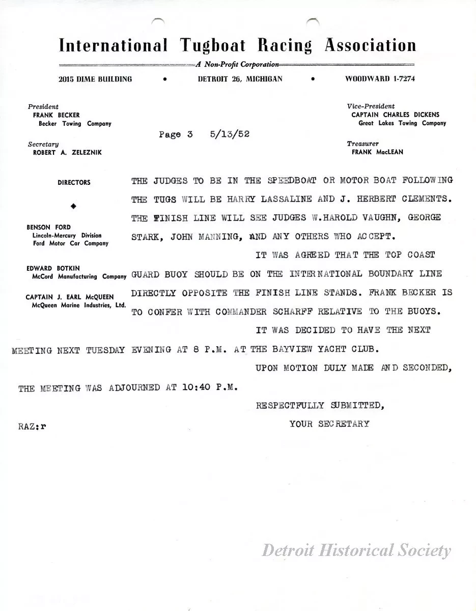 Minutes - Minutes of Meeting Held at the Home of Captain McQueen at Amherstburg on Tuesday, May 13, 1952