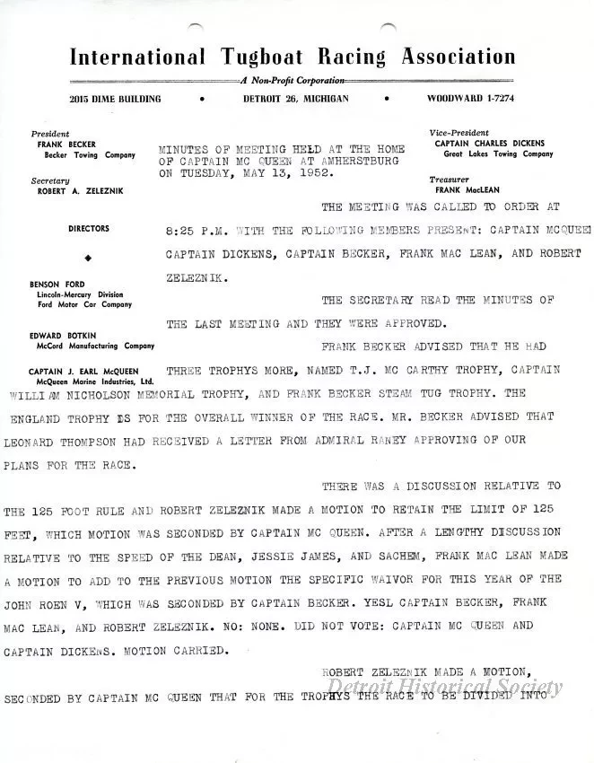 Minutes - Minutes of Meeting Held at the Home of Captain McQueen at Amherstburg on Tuesday, May 13, 1952