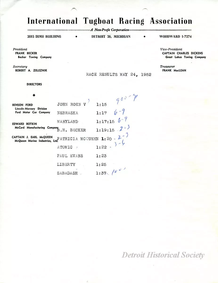 Announcement - Race Results, May 24, 1952