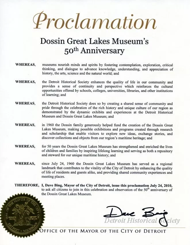 Certificate, Commemorative - Proclamation
Dossin Great Lakes Musuem's 50th Anniversary