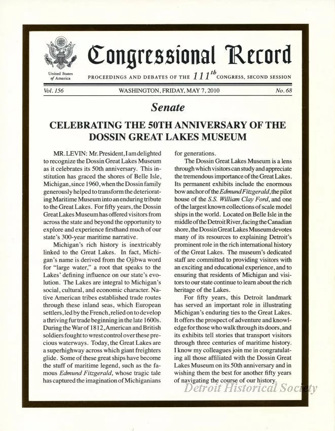 Certificate, Commemorative - Congressional Record