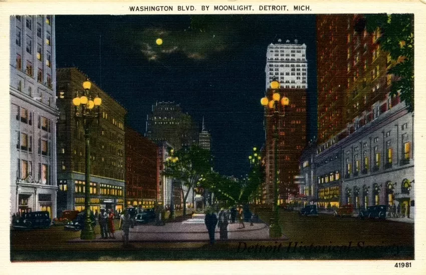 Postcard - Washington Blvd. by Moonlight, Detroit, Mich.