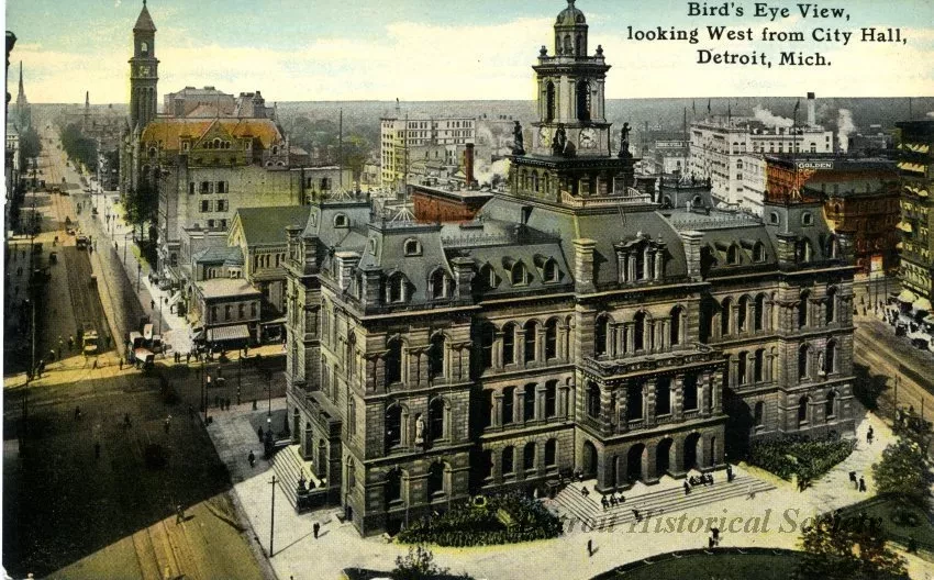 Postcard - Bird's Eye View, Looking West from City Hall, Detroit, Michigan