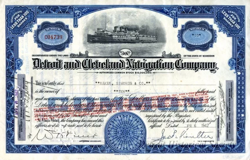 Certificate, Stock - Detroit and Cleveland Navigation Company