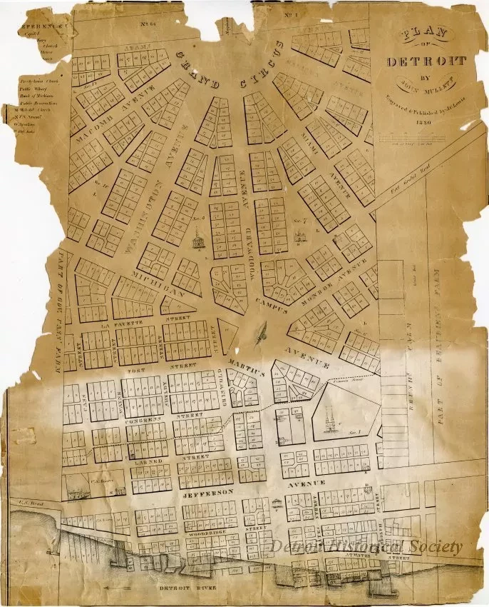 Map - Plan of Detroit by John Mullett, Engraved & Published by J.O. Lewis