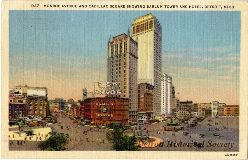 Postcard - Monroe Avenue And Cadillac Square Showing Barlum Tower And Hotel, Detroit, Mich.