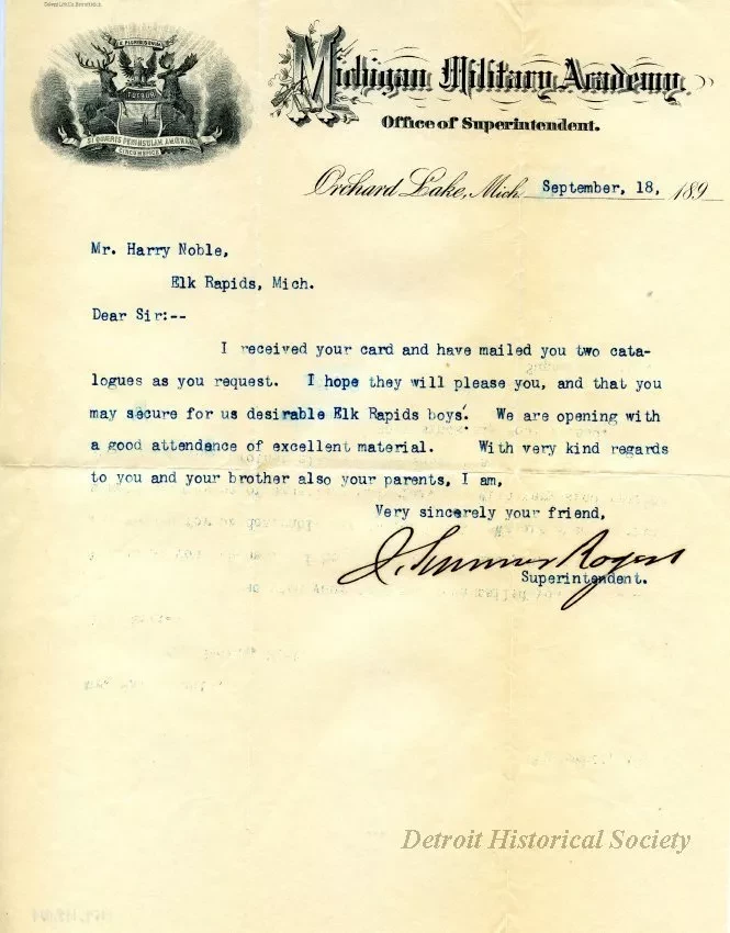 Letter - Michigan Military Academy