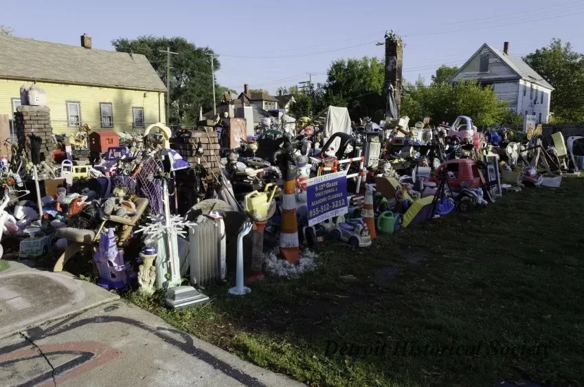 Image, Digital - Heidelberg Project, Pile of toys on the grass, From sidewalk to backyard