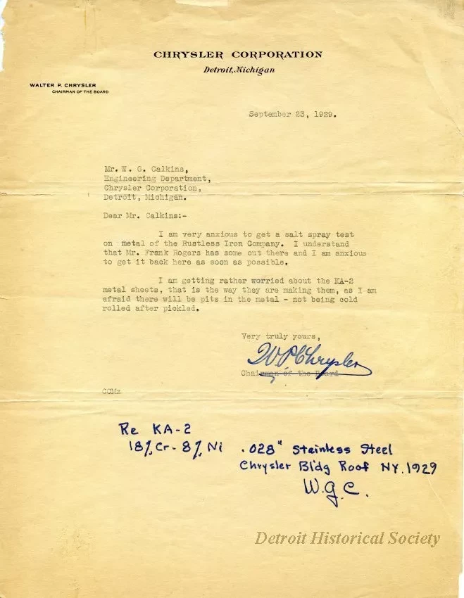 Letter - Chrysler Corporation