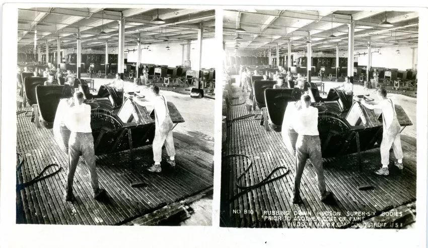 Stereograph - Rubbing Down Hudson Super-Six Bodies Prior to Another Coat of Paint, Hudson Motor Car Co, Detroit, USA