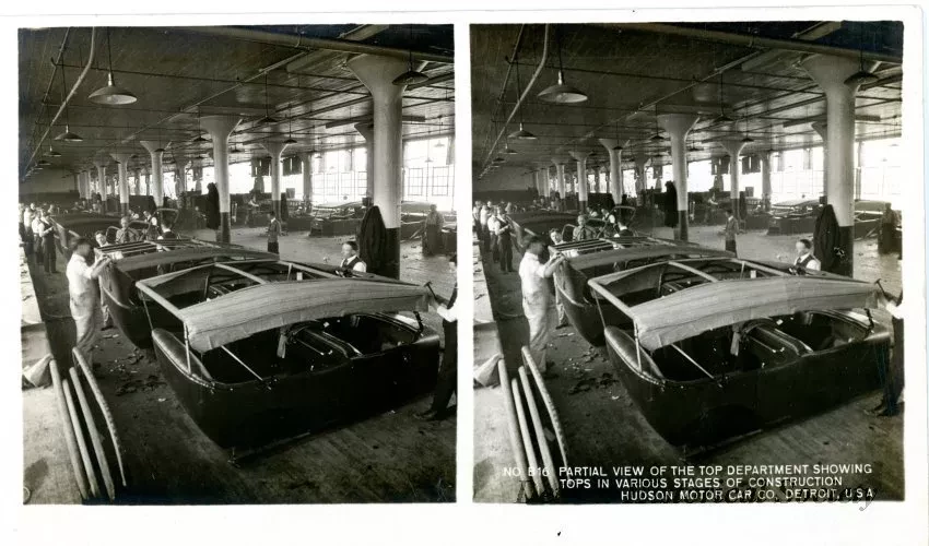 Stereograph - Partial View of The Top Department Showing Tops In Various Stages Of Construction, Hudson Motor Car Co, Detroit, USA