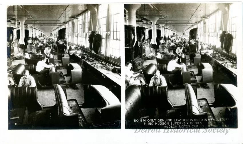 Stereograph - Only Genuine Leather Is Used in Upholstering Hudson Super-Six Bodies, Hudson Motor Car Co, Detroit, USA