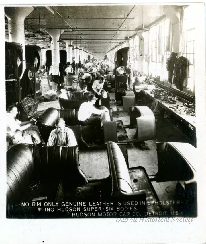Stereograph - Only Genuine Leather Is Used in Upholstering Hudson Super-Six Bodies, Hudson Motor Car Co, Detroit, USA