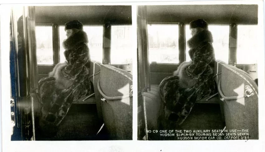 Stereograph - One Of The Two Auxiliary Seats In Use - The Hudson Super-Six Touring Sedan Seats Seven, Hudson Motor Car Co, Detroit, USA
