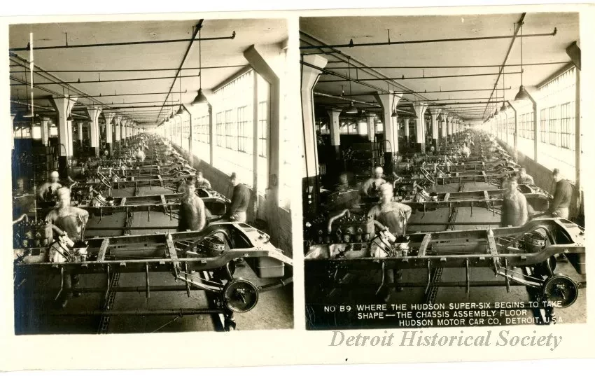 Stereograph - Where The Hudson Super-Six Begins to Take Shape - The Chassis Assembly Floor, Hudson Motor Car Co, Detroit, USA