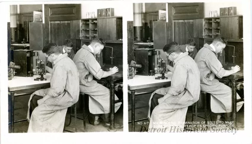 Stereograph - Microscopic Examination Of Steel To Make Sure Of Its Quality For Its Specific Purpose, Hudson Motor Car Co, Detroit