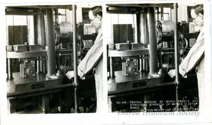 Stereograph - Testing Machine By Which Tensile And Stretching Strength of Metal Is Determined, Hudson Motor Car Co, Detroit, USA