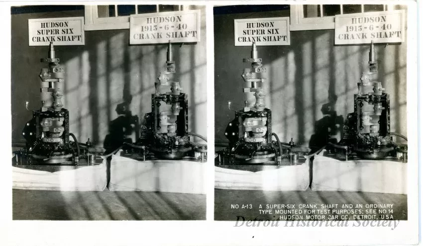 Stereograph - A Super-Six Crank Shaft And An Ordinary Type Mounted For Test Purposes: See No 14, Hudson Motor Car Co, Detroit, USA