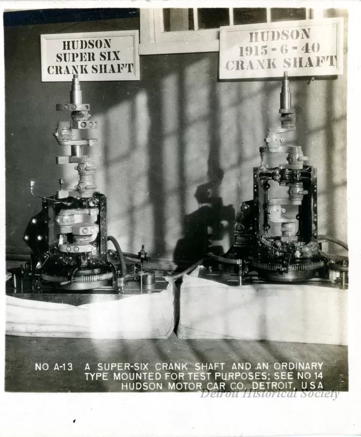 Stereograph - A Super-Six Crank Shaft And An Ordinary Type Mounted For Test Purposes: See No 14, Hudson Motor Car Co, Detroit, USA