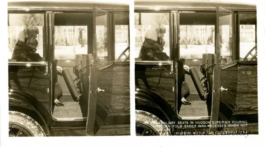Stereograph - Auxiliary Seats In Hudson Super-Six Touring Sedan Fold Easily Into Recesses When Not In Use, Hudson Motor Car Co, Detroit, USA