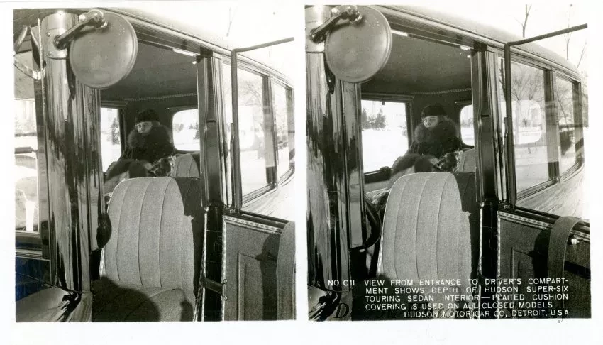 Stereograph - View From Entrance To Driver's Compartment Shows Depth Of Hudson Super-Six Touring Sedan Interior - Plated Cushion Covering Is Used On All Closed Models, Hudson Motor Car Co, Detroit, USA