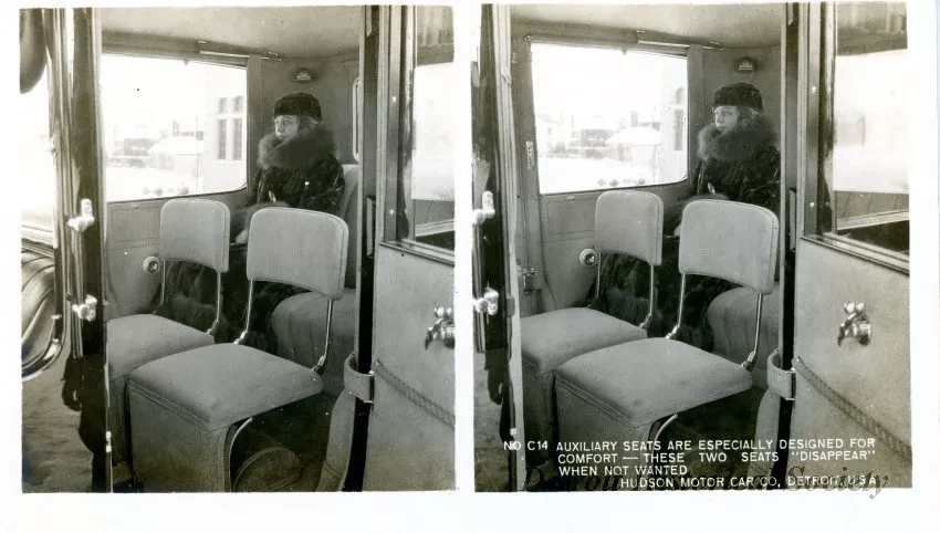 Stereograph - Auxiliary Seats Are Especially Designed For Comfort - These Two Seats "Disappear" When Not Wanted, Hudson Motor Car Co, Detroit, USA