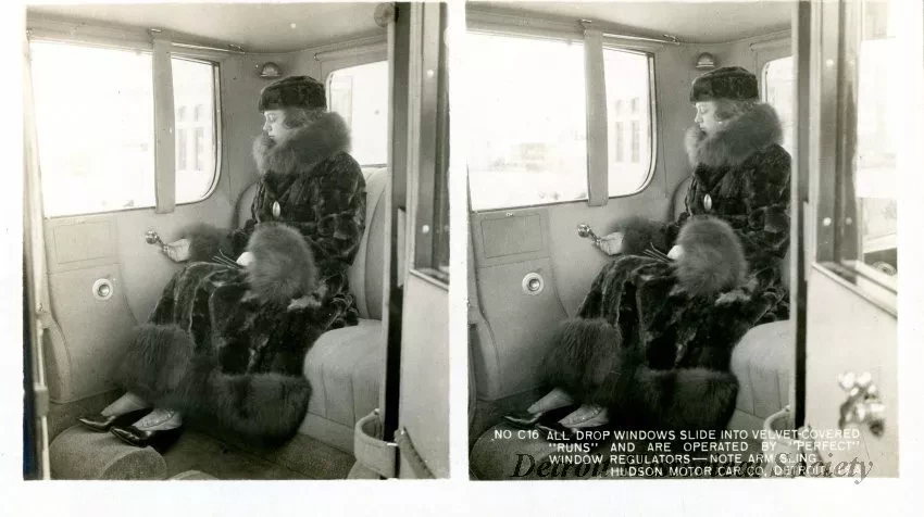 Stereograph - All Drop Windows Slide Into Velvet-Covered "Runs" and Are Operated By "Perfect" Window Regulators - Note Arm Sling, Hudson Motor Car Co, Detroit, USA