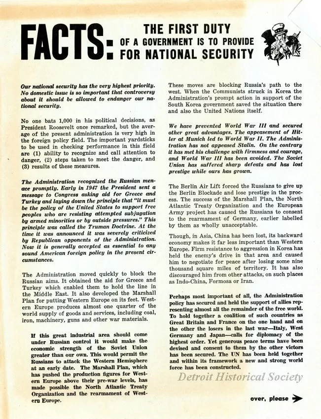 Flier, Political - FACTS: The First Duty of a Government is to Provide for National Security