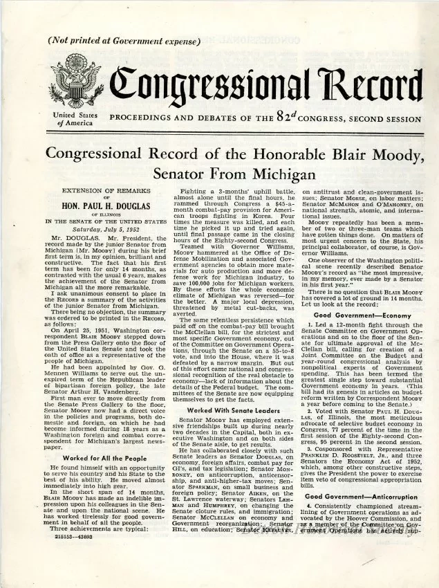Proceedings - Congressional Record of the Honorable Blair Moody, Senator from Michigan